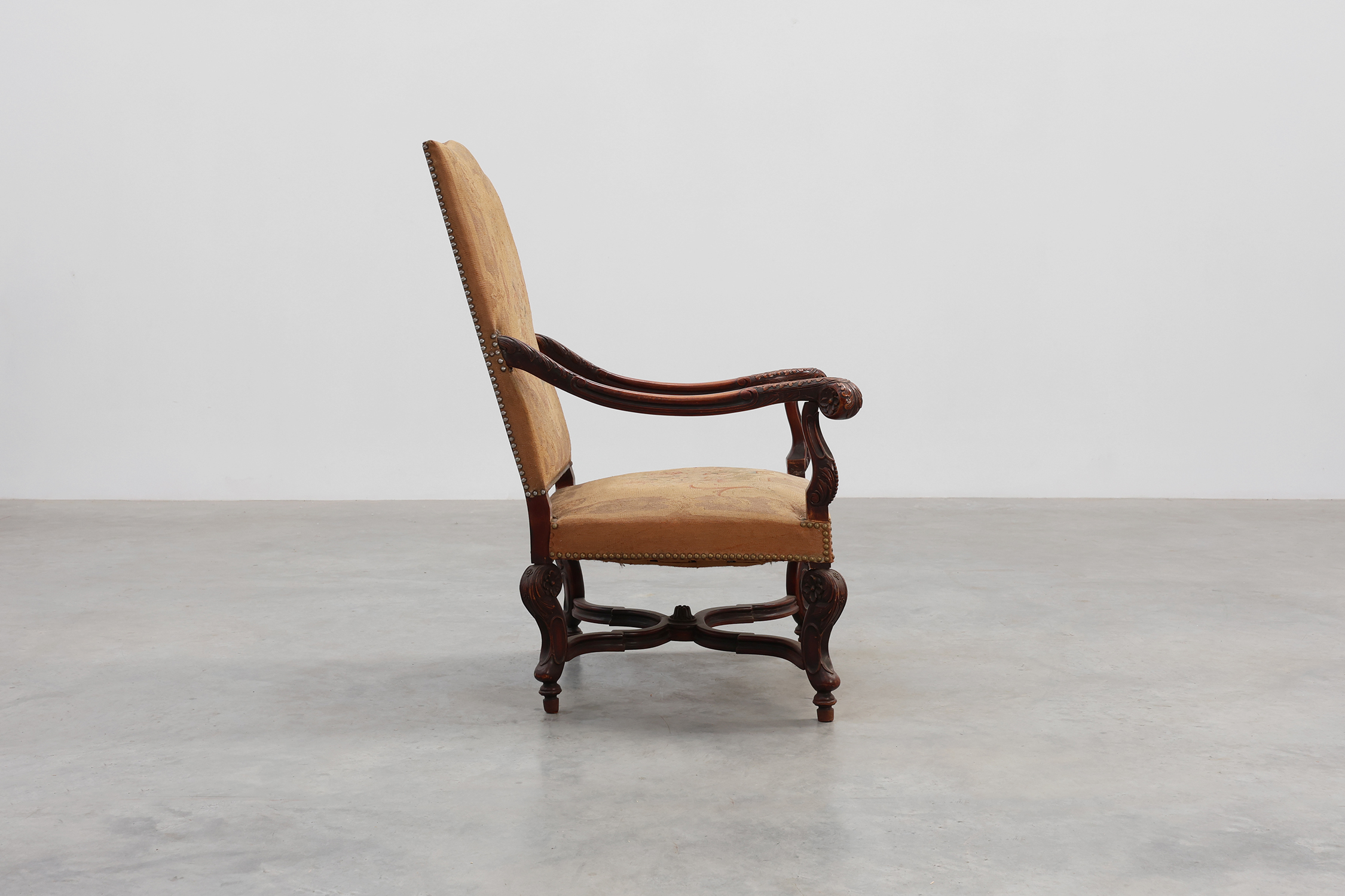 Carved Walnut Armchair with Scrolling and Tapestry Upholstery, France, circa 1800thumbnail